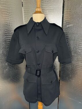 Vintage Unisex Black Polyester Belted Utilitarian Safari Shirt From Alexander